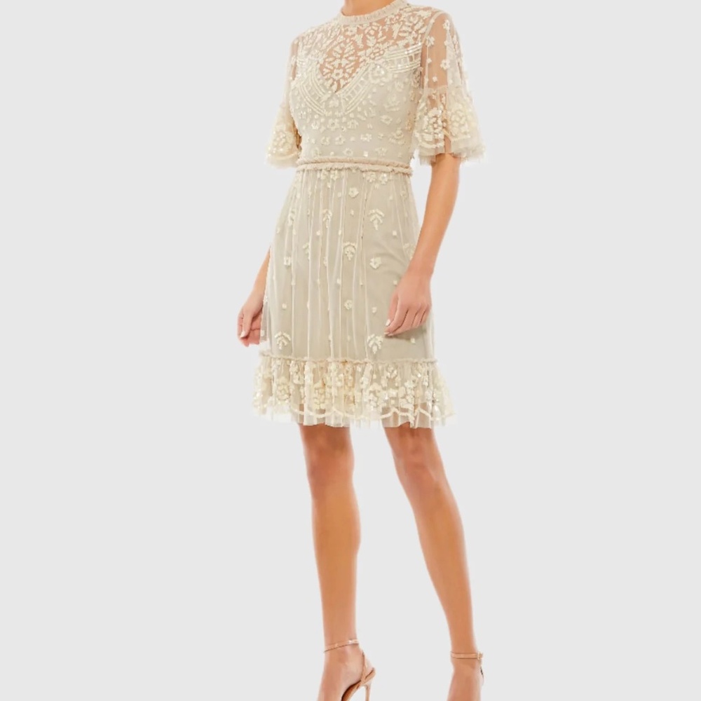 NWT Mac Duggal Beige Embellished Illusion High Neck Mini Dress